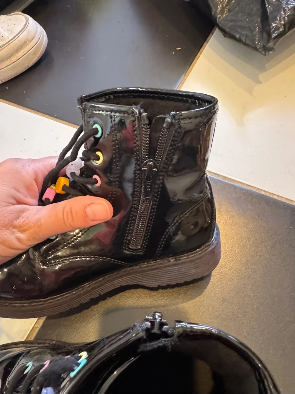Black Patent Lace-Up Boots with Rainbow Eyelets childrens sz 1